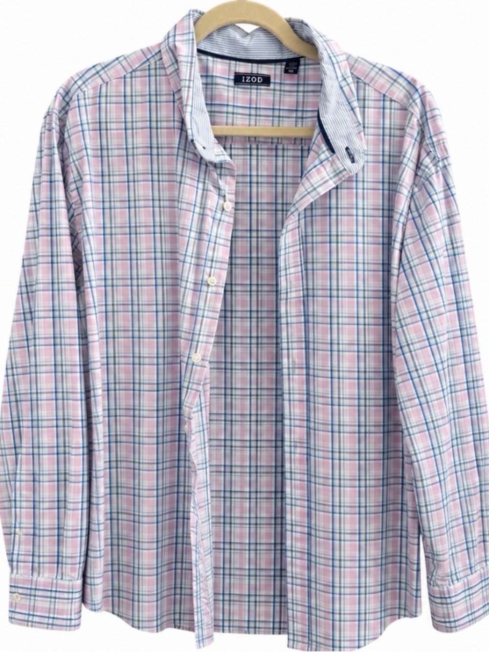 Izod Men’s Pink and Blue Plaid Button-Down Shirt